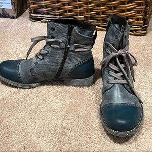Rieker Blue zip up boots with lace up detail.  Size 39/8.5 EUC